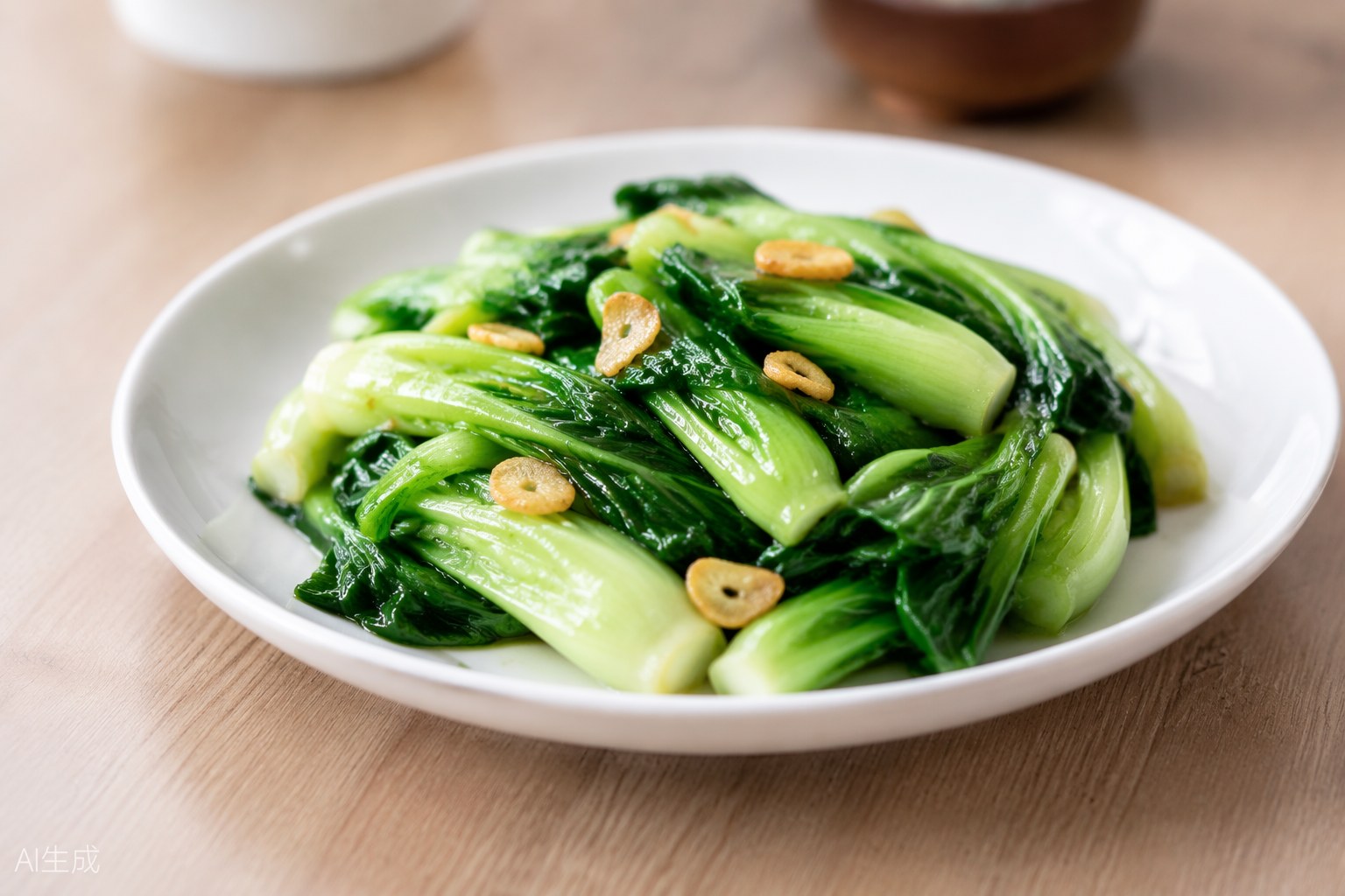 白瓷盘中的清炒时蔬,蒜片点缀,色泽鲜绿