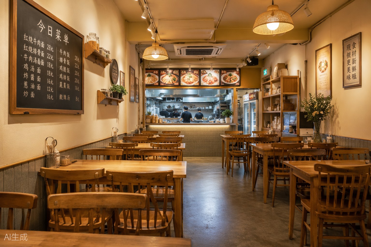 拾味小馆店内环境，原木桌椅整齐排列，尽头是明档厨房
